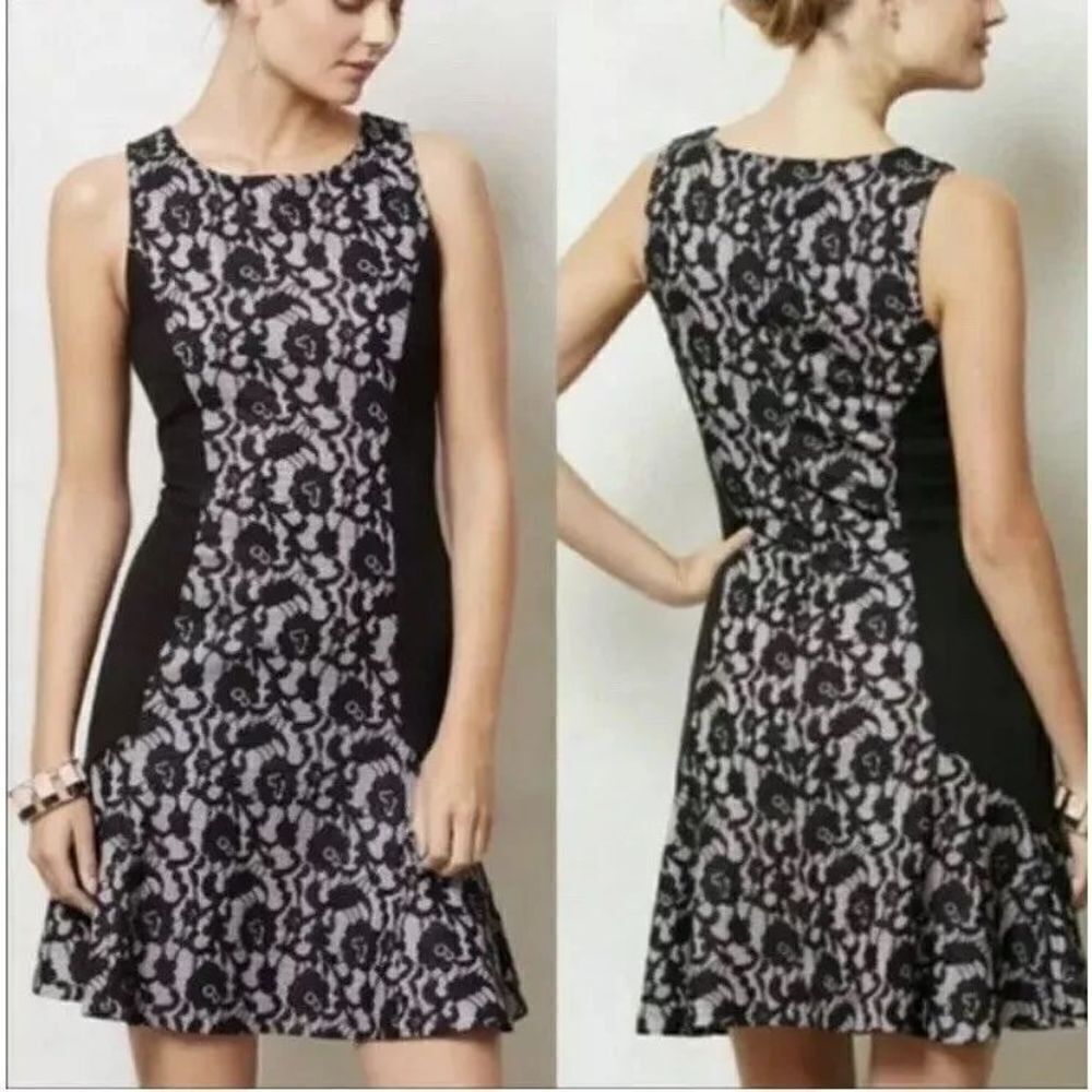 Anthropologie Black and Cream Lace-Patterned Fit-and-Flare Mini Dress